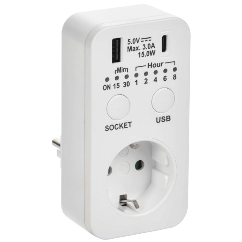 РТЭ-4 Розетка-таймер электронный с USB A+C 15мин-8ч 16А IP20 белая IEK
