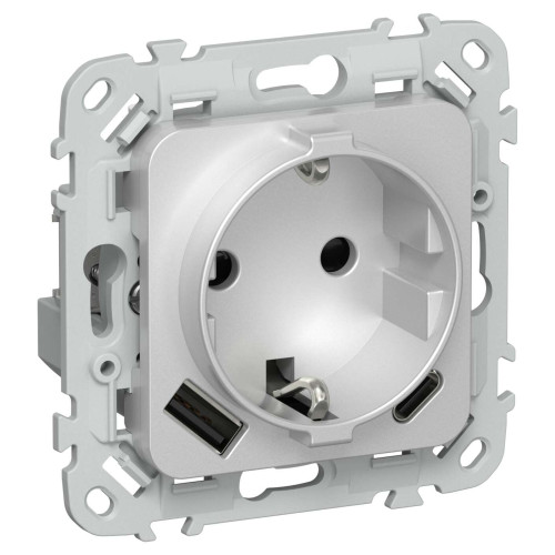 FLITE Розетка 1-местная с заземлением с защитными шторками 16А с USB A+C 20Вт безвинтовое крепление РСЮшс11-1-ФлА алюминий IEK