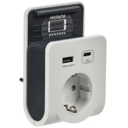 Адаптер Т-03/01 1 место 2P+PE 16А 2хUSB A+C 20Вт с подставкой бело-черный IEK