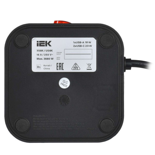 DOMINIC Удлинитель У08K 8 мест 2P+PE 1,5м 3х1,0мм2 16А/250В USB A+C 20Вт черный IEK DOMINIC Удлинитель У08K 8 мест 2P+PE 1,5м 3х1,0мм2 16А/250В USB A+C 20Вт черный IEK