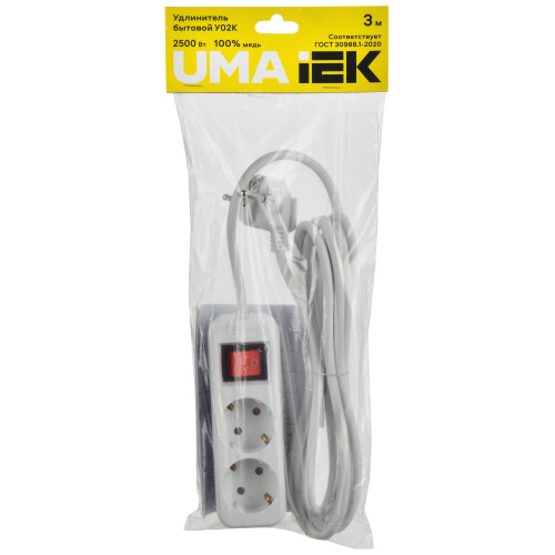 UMA Удлинитель У02К 2 места 2P+PE 3м 3х1мм2 10А белый IEK