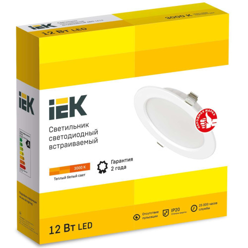 Светильник светодиодный ДВО 1613 белый круг 12Вт 3000К IP20 IEK