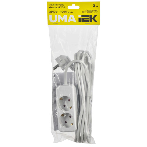UMA Удлинитель У02 2 места 2P+PE 3м 3х1мм2 10А белый IEK