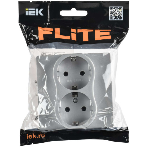 FLITE Розетка 2-местная с заземлением без защитных шторок безвинтовое крепление 16А РС12-1-К-ФлА алюминий IEK