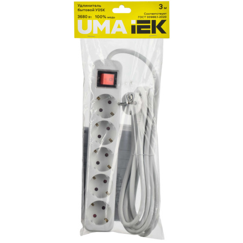 UMA Удлинитель У05К 5 мест 2P+PE 3м 3х1,5мм2 16А белый IEK