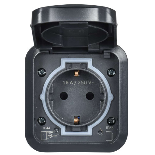 TORS Розетка 1-местная с заземлением защитными шторками и крышкой с иконкой самокат 16А IP55 TS121 графит IEK