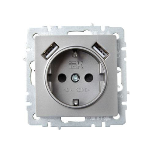 BRITE Розетка 1-местная с заземлением с защитными шторками 16А с USB A+A 5В 2,1А РЮш10-1-БрС сталь IEK
