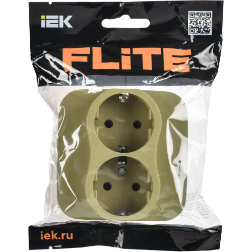 FLITE Розетка 2-местная с заземлением без защитных шторок безвинтовое крепление 16А РС12-1-А-ФлО оливковый IEK