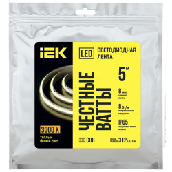Лента светодиодная 5м COB 312LED/м 8Вт/м IP65 ширина 8мм 24В теплый белый IEK
