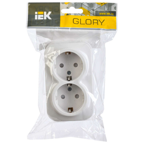 GLORY Розетка 2-местная для открытой установки с заземлением с защитными шторками 16А РСш22-3-ХБ белый IEK