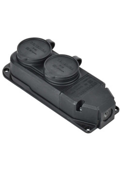 Розетка (колодка) двухместная с защитной крышкой 16А IP44 каучук черная GENERICA