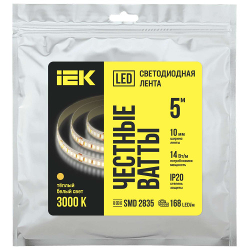 Лента светодиодная 5м SMD2835 168LED/м 14Вт/м IP20 ширина 10мм 24В теплый белый IEK