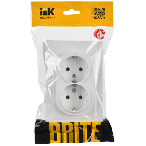 BRITE Розетка 2-местная с заземлением с защитными шторками 16А в сборе РСш12-3-БрАБ арктический белый IEK