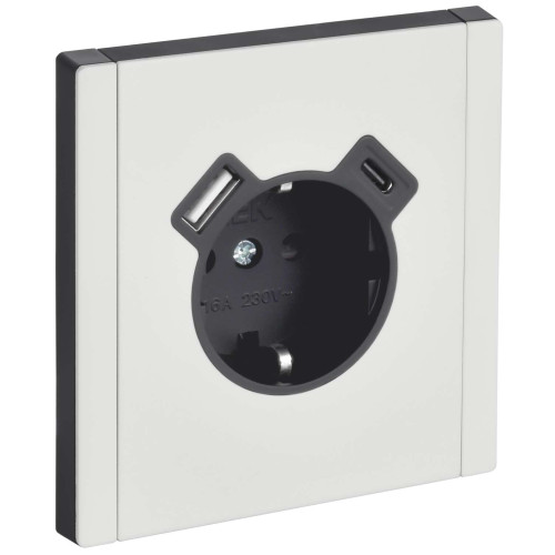 FORTE&PIANO Розетка 1-местная с заземлением с защитными шторками винтовое крепление 16А USB A+C 18Вт FP247M металл белый IEK