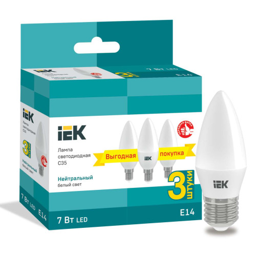 Лампа светодиодная C35 свеча 7Вт 230В 4000К E14 (3шт/упак) IEK