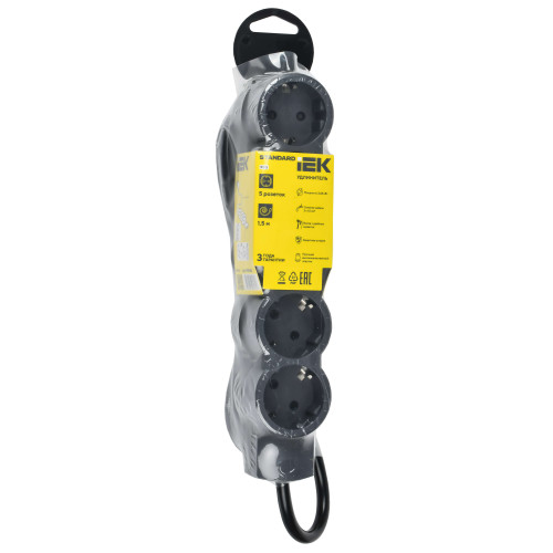 STANDARD Удлинитель У05 5 мест 2P+PE 1,5м 3х1,5мм2 16А черный IEK