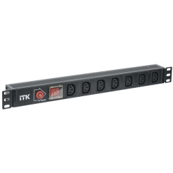ITK PDU 7 розеток C13, с выкл. и защитой от перенапр, 1U, вх. C14, без шнура, алюминиевый профиль