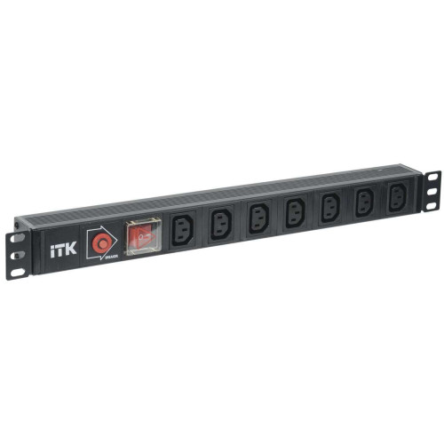 ITK PDU 7 розеток C13, с выкл. и защитой от перенапр, 1U, вх. C14, без шнура, алюминиевый профиль