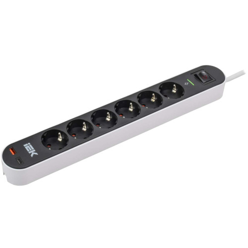 Фильтр сетевой СФ-06К 16А USB A+C 20Вт 1,5м 3х1,5мм2 черный IEK