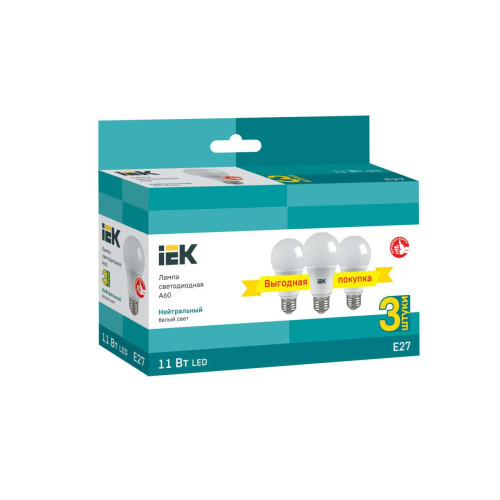 Лампа светодиодная A60 груша 11Вт 230В 4000К E27 (3шт/упак) IEK