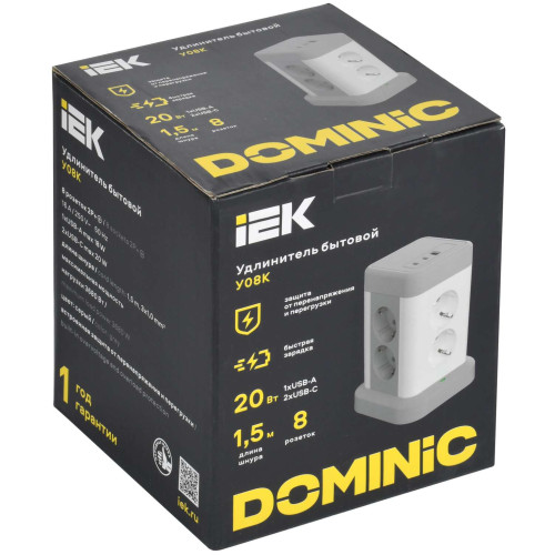 DOMINIC Удлинитель У08K 8 мест 2P+PE 1,5м 3х1,0мм2 16А/250В USB A+C 20Вт серый IEK DOMINIC Удлинитель У08K 8 мест 2P+PE 1,5м 3х1,0мм2 16А/250В USB A+C 20Вт серый IEK