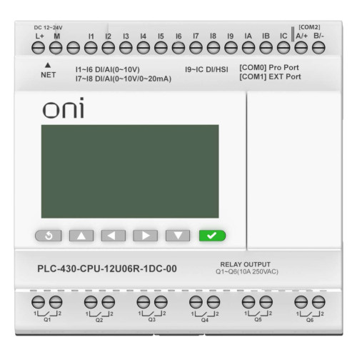 ПЛК 430 Модуль ЦПУ 4 DI 6 UI (0-10 В/DI) 2 UI (0-10 В/0-20 мА/DI) 6 RO 24В DC с Ethernet портом с экраном ONI