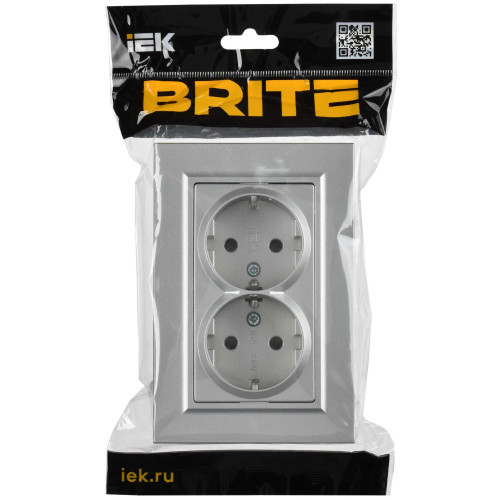 BRITE Розетка 2-местная с заземлением с защитными шторками плоская 16А в сборе РСшПл12-3-БрА алюминий IEK