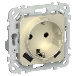 FLITE Розетка 1-местная с заземлением с защитными шторками 16А с USB A+C 20Вт РСЮшс11-0-ФлШ шампань IEK
