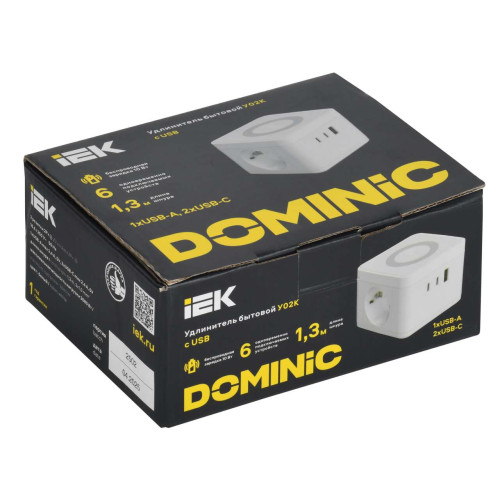 DOMINIC Удлинитель с беспроводной зарядкой 10Вт У02К 2 места 2P+PE 1,3м 3х1,0мм2 16А/250В USB A+C белый IEK DOMINIC Удлинитель с беспроводной зарядкой 10Вт У02К 2 места 2P+PE 1,3м 3х1,0мм2 16А/250В USB A+C белый IEK