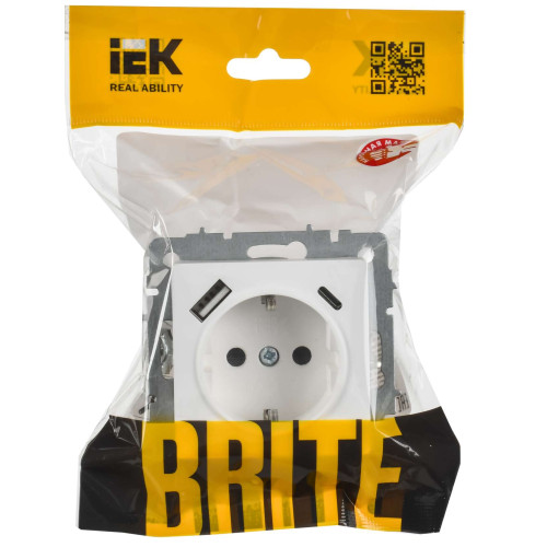 BRITE Розетка 1-местная с заземлением с защитными шторками 16А с USB A+C 18Вт РЮш11-1-БрАБ арктический белый IEK