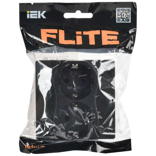 FLITE Розетка 2-местная с заземлением без защитных шторок безвинтовое крепление 16А РС12-1-К-ФлЧ черный IEK FLITE Розетка 2-местная с заземлением без защитных шторок безвинтовое крепление 16А РС12-1-К-ФлЧ черный IEK