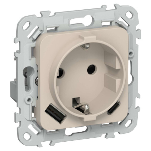 FLITE Розетка 1-местная с заземлением с защитными шторками 16А с USB A+C 20Вт безвинтовое крепление РСЮшс11-1-ФлЛ льняной IEK