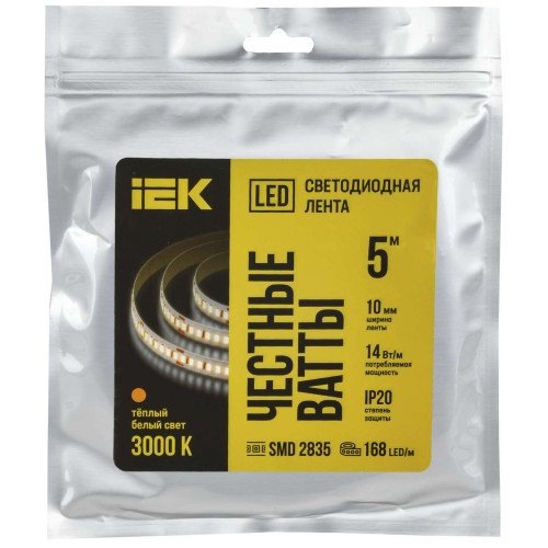 Лента светодиодная 5м SMD2835 168LED/м 14Вт/м IP20 ширина 10мм 24В теплый белый IEK