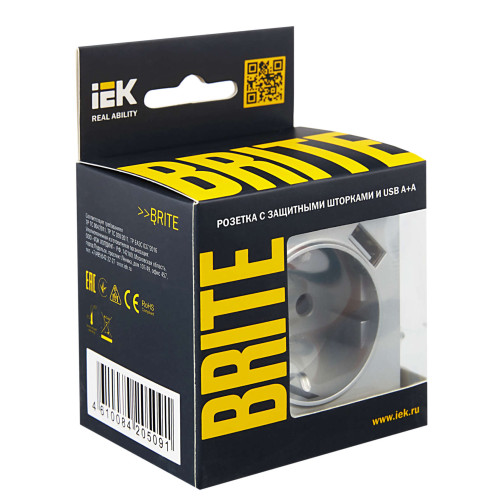 BRITE Розетка 1-местная с заземлением с защитными шторками 16А с USB A+A 5В 2,1А РЮш10-1-БрА алюминий IEK