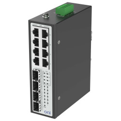 Коммутатор Ethernet промышленный неуправляемый ISU 4 SFP слота 100/1000BaseX 8 портов 10/100/1000BaseT разъем RJ45 с PoE 48В DC с резервированием ONI