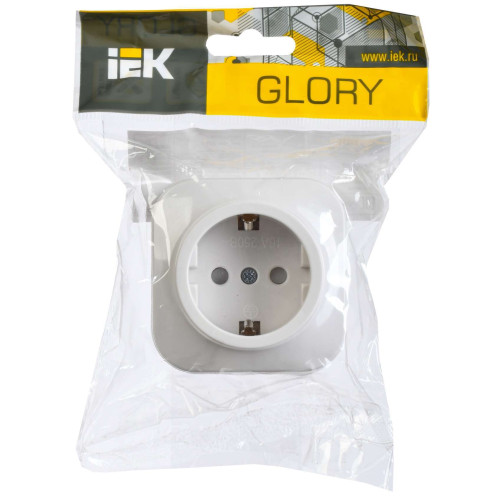 GLORY Розетка 1-местная для открытой установки с заземлением с защитными шторками 16А РСш20-3-ХБ белый IEK