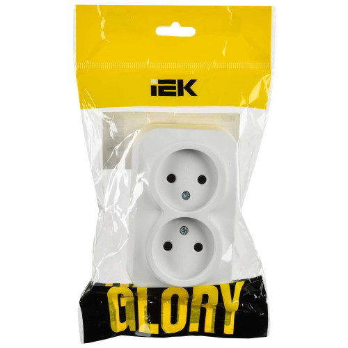 GLORY Розетка 2-местная для открытой установки без заземления без защитных шторок 10А РС22-2-ХБм белый матовый IEK