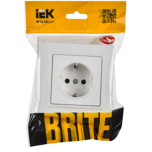 BRITE Розетка 1-местная с заземлением с защитными шторками 16А в сборе РСР14-1-0-БрАБ арктический белый IEK