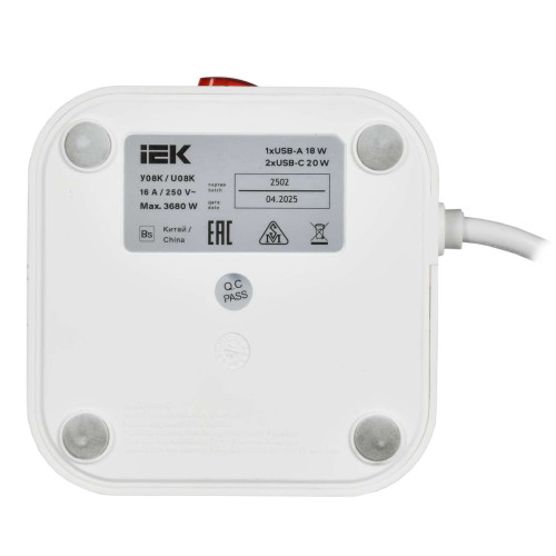 DOMINIC Удлинитель У08K 8 мест 2P+PE 1,5м 3х1,0мм2 16А/250В USB A+C 20Вт белый IEK DOMINIC Удлинитель У08K 8 мест 2P+PE 1,5м 3х1,0мм2 16А/250В USB A+C 20Вт белый IEK