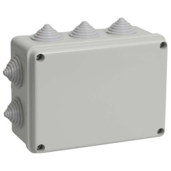 Коробка распаячная КМ41241 для открытой проводки безгалогенная (HF) 150х110х70мм IP44 10 гермовводов серая IEK
