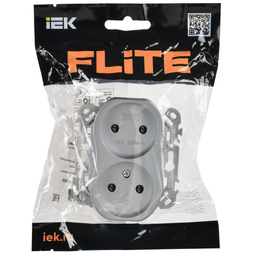 FLITE Розетка 2-местная без заземления с защитными шторками безвинтовое крепление 10А РСш02-1-ФлА алюминий IEK