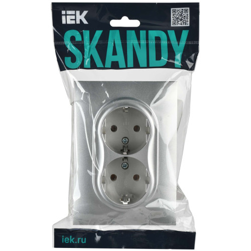 SKANDY Розетка 2-местная с заземлением без защитных шторок 16А в сборе SK-R08S серебряный IEK