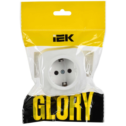GLORY Розетка 1-местная для открытой установки с заземлением без защитных шторок 16А РС20-3-ХБм белый матовый IEK
