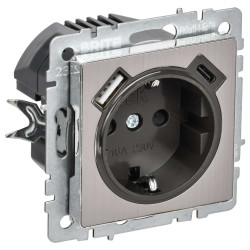 BRITE Розетка 1-местная с заземлением с защитными шторками 16А с USB A+C 18Вт РЮш11-1-БрГН металл хром/никель IEK