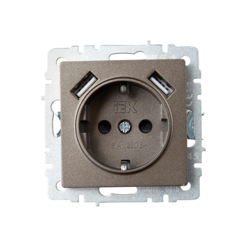 BRITE Розетка 1-местная с заземлением с защитными шторками 16А с USB A+A 5В 3,1А РЮш10-2-БрТБ темная бронза IEK
