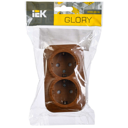 GLORY Розетка 2-местная для открытой установки с заземлением с защитными шторками 16А РСш22-3-ХД дуб IEK