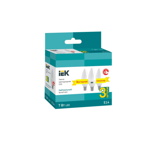Лампа светодиодная C35 свеча 7Вт 230В 4000К E14 (3шт/упак) IEK
