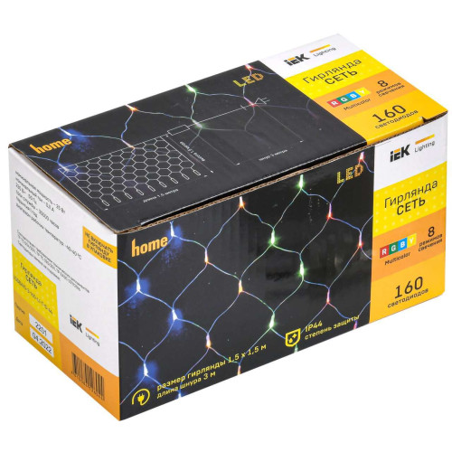 Гирлянда сеть 1,5х1,5м 160 светодиодов RGB IP20 прозрачный шнур 3м 230В контроллер 8 сцен IEK