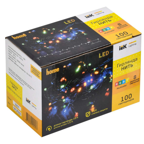 Гирлянда нить 10м 100 светодиодов RGB IP20 зеленый шнур 1,5м 230В контроллер 8 сцен IEK