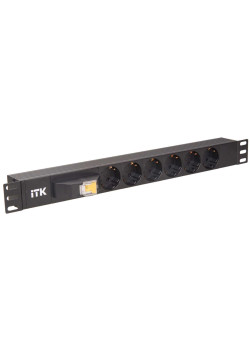 ITK PDU 6 розеток DIN49440 (нем. станд.), с автоматом на 10А, 1U, без шнура, вх. IEC320 C14, алюминиевый профиль, черный